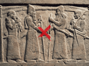 A 9th century B.C. stone relief depicts King Shalmaneser III of Assyria shaking hands with a Babylonian. The handshake appears in art throughout the ancient world.